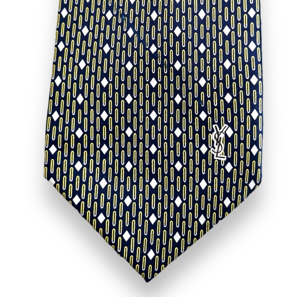 Yves Saint Laurent YSL Mens Tie Navy Blue Geometric Logo Print NWT